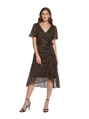 

DKNY Womens Black Lined Tie Hi Lo Hem Flutter Sleeve Midi Fit + Flare Dress, Черный