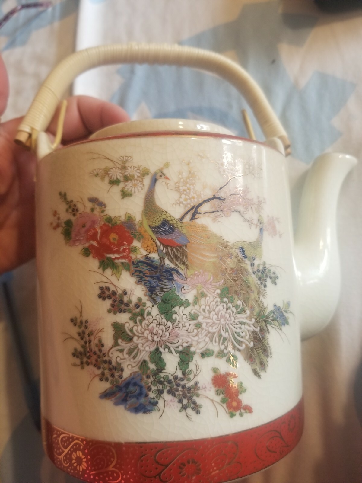 Estate Satsuma Japanese Teapot with bamboo handle. Beautiful.