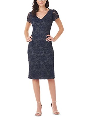 JS COLLECTIONS Womens Navy Lined Short Sleeve Below The Knee Sheath Dress 6