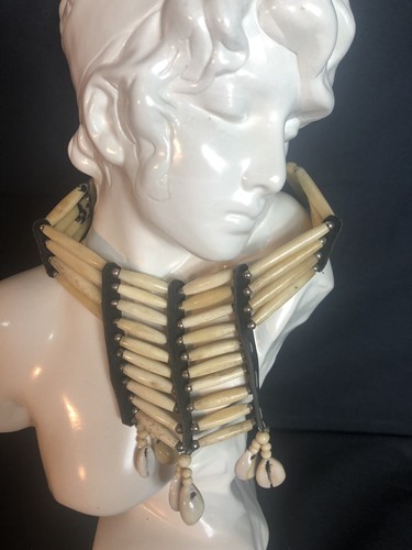 Vintage Native American Buffalo Bone And Shell Choker Leather Necklace