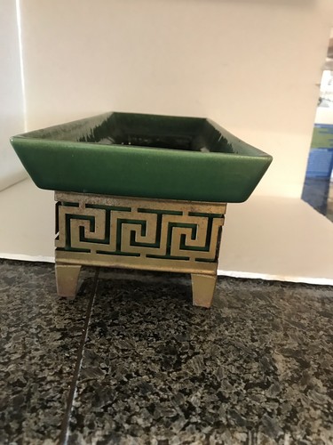 Vintage Greek key PLANTER INC Chicago Metal Meander Motif Emerald Green signed