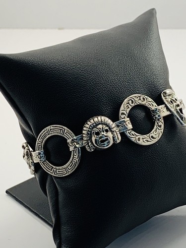 Vtg Sterling Silver Link Bracelet Aztec Face Mask Mayan, 7