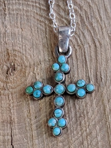 Vintage ATI Mexico 925 Silver Turquoise  Cross Necklace Stamped and Signed