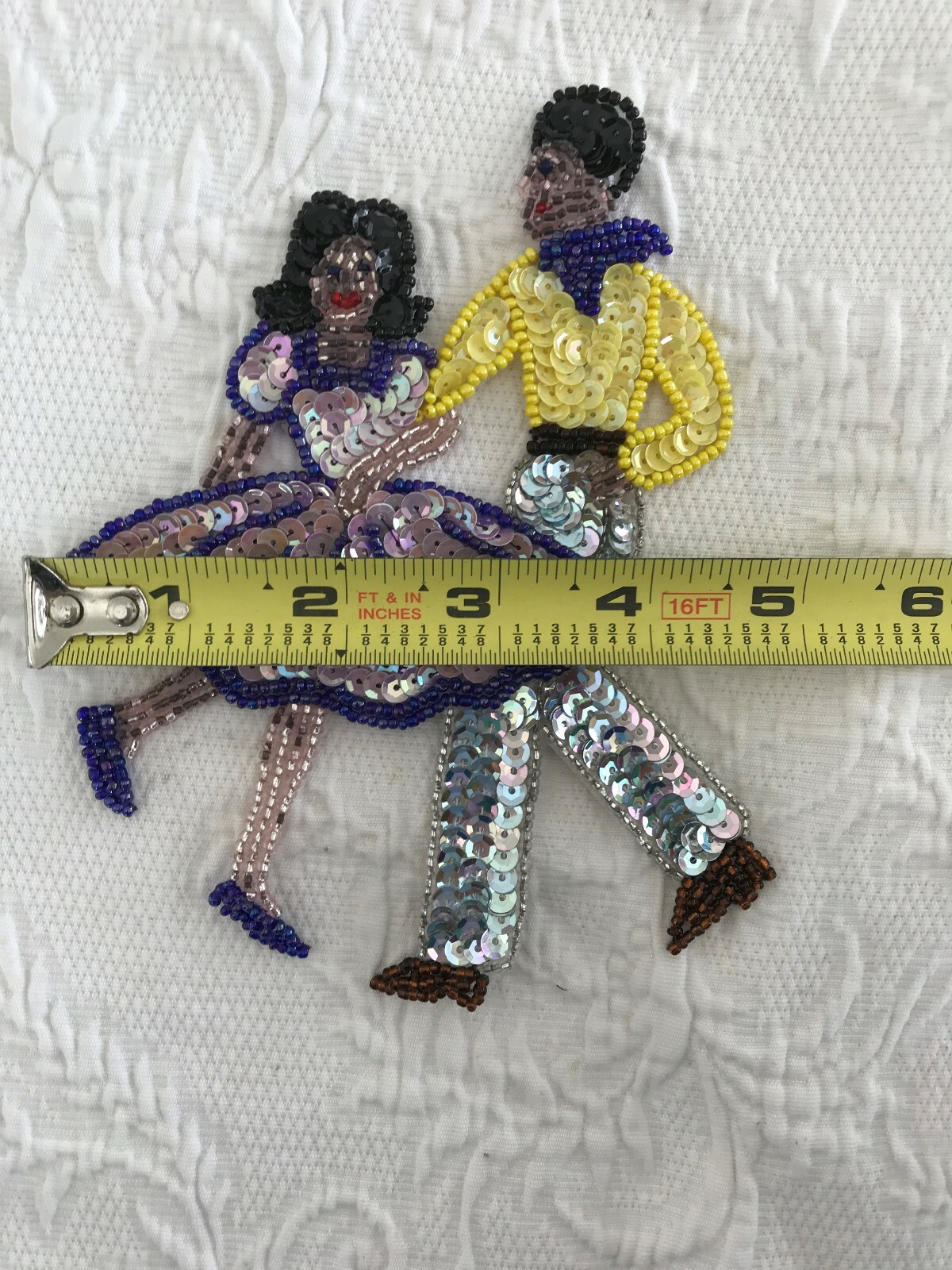square dance applique dance couple sequined beaded 6.5x4.5 purple yellow silver