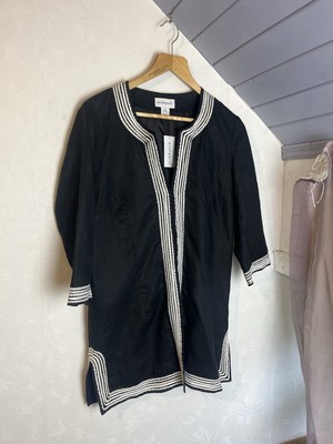 Peck & Peck Black 100% Linen Coat with White Braid Trim, Boho Style Coat, Large