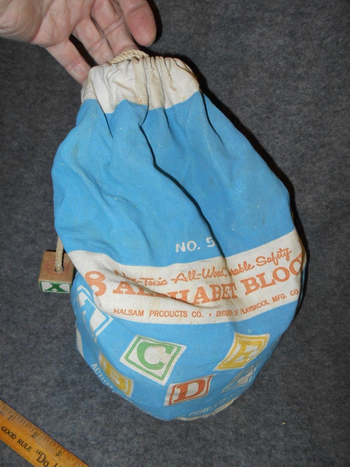 VINTAGE HALSAM PRODUCTS Playskool 48 toy ALPHABET BLOCKS NO. 550 cloth BAG ONLY