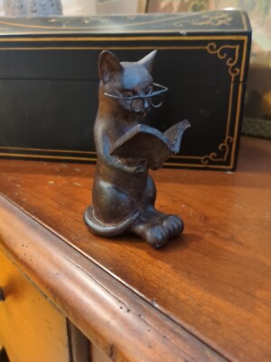Book Reading Kitty Cat Wire Glasses Polyresin Bronze Color Figurine  4.75''