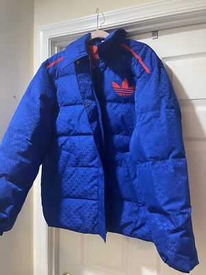 Adidas Monogram Puffer Jacket Blue Womens Size Medium Adicolor Heritage NEW $300