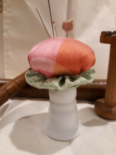 OOAK Handmade Pincushion Pin Keep Strawberry Pedestal with Silk & Yo-Yos GIFT