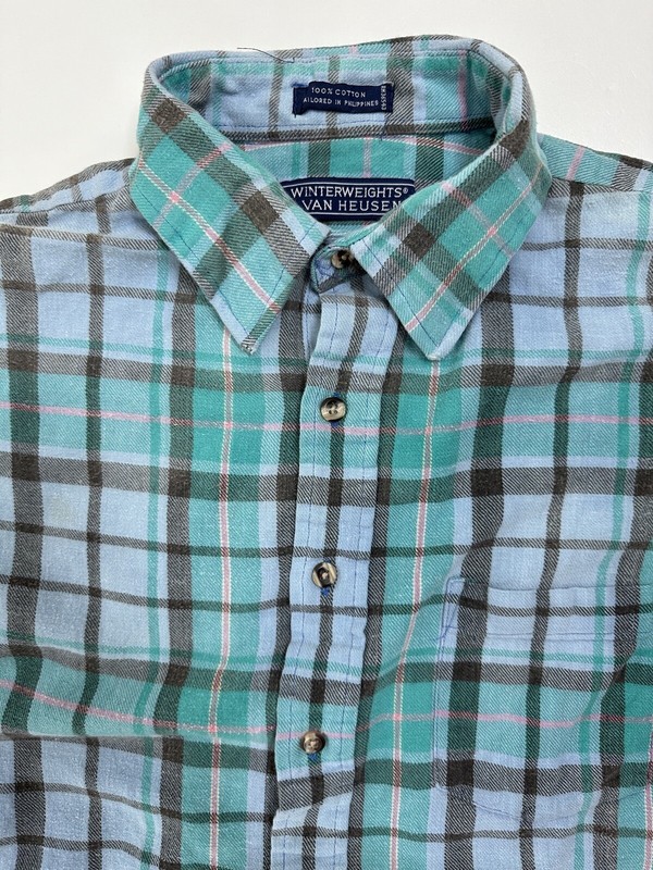 Vintage 80s Van Heusen Flannel Shirt Mens L Slim Plaid Outdoor Grunge Hipster