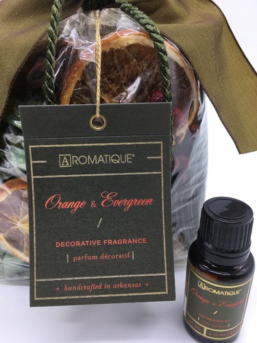 Aromatique Orange & Evergreen refresher oil,  7oz bag potpourri, and Room spray