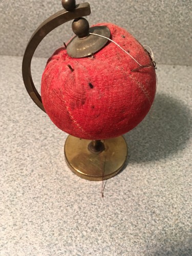 Vintage Red World Globe Rotating Pin Cushion