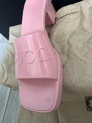 Pre-owned Gucci Women's Block Heel Platform Logo Slide Sandals Pink Rubber Slip On 39