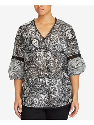 

RALPH LAUREN Женский черный топ с огурцами и рукавами 3/4 с V-образным вырезом плюс