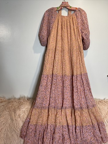 Pre-owned Free People X Spell & The Gypsy Collective Free People Spell Rae Gown Puff Sleeve Printed Tiered Maxi Dress M In Pink