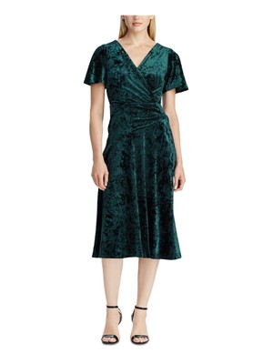 

RALPH LAUREN Женское вечернее платье с короткими рукавами и V-образным вырезом ниже колена с запахом, Зеленый