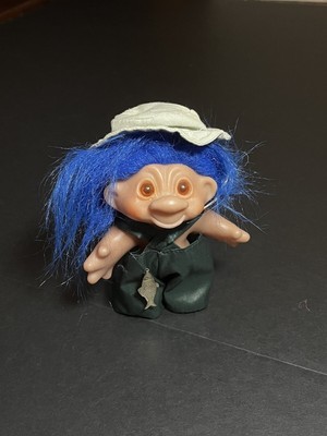 Vintage Dam Troll Doll 80s Fisherman Blue Hair Amber Eyes