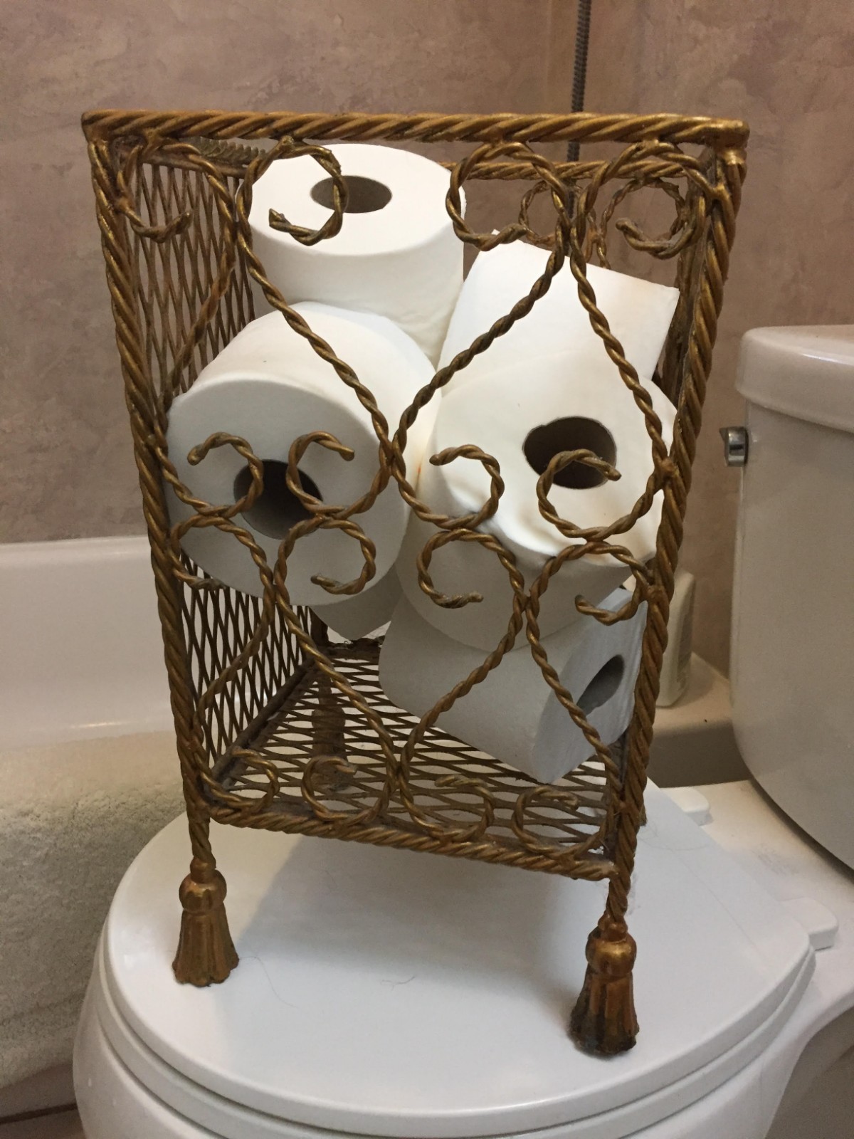 RARE Vtg Italian Mid-century gold IRON rope & tassel WASTEBASKET TISSUE HOLDER