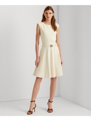 

LAUREN RALPH LAUREN Женское платье цвета слоновой кости с пряжкой и поясом на подкладке с короткими рукавами, Цвет слоновой кости