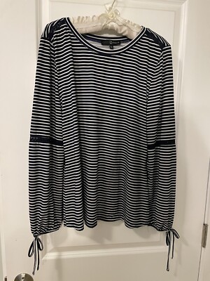 Fred David Black/White Striped Top-Long Sleeves w/ Tie Cuffs-Lace Insert- L-NWOT