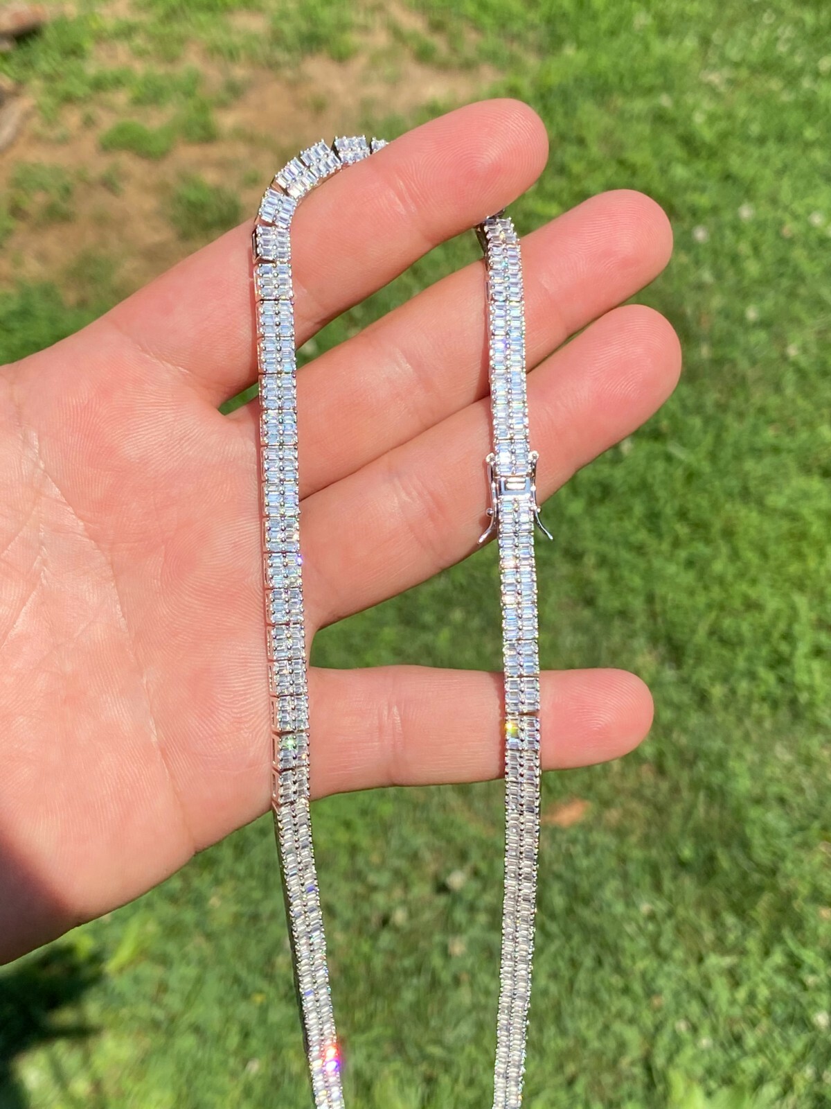 Pre-owned Silver Solid 925 Sterling  Baguette Tennis Chain Iced Cz Necklace 5mm Hip Hop