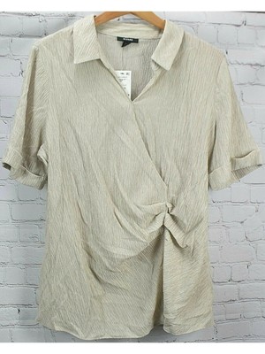 

ALFANI Женский бежевый фактурный плиссированный топ с короткими рукавами и воротником Размер