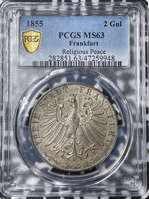 1855 Germany Frankfurt Religious Peace 2 Gulden PCGS MS63 Lot#G6912 Silver!