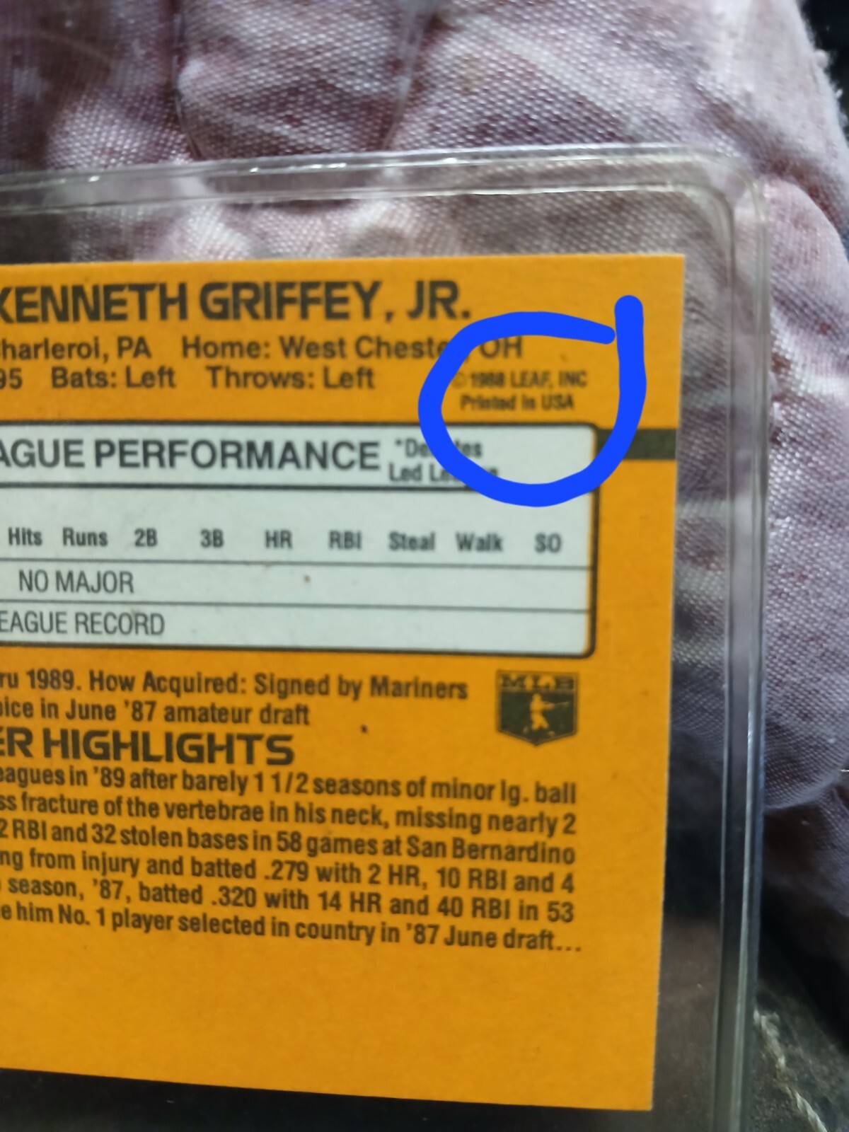 RARE Error Card KEN GRIFFEY JR. ROOKIE CARD RATED ROOKIE- No