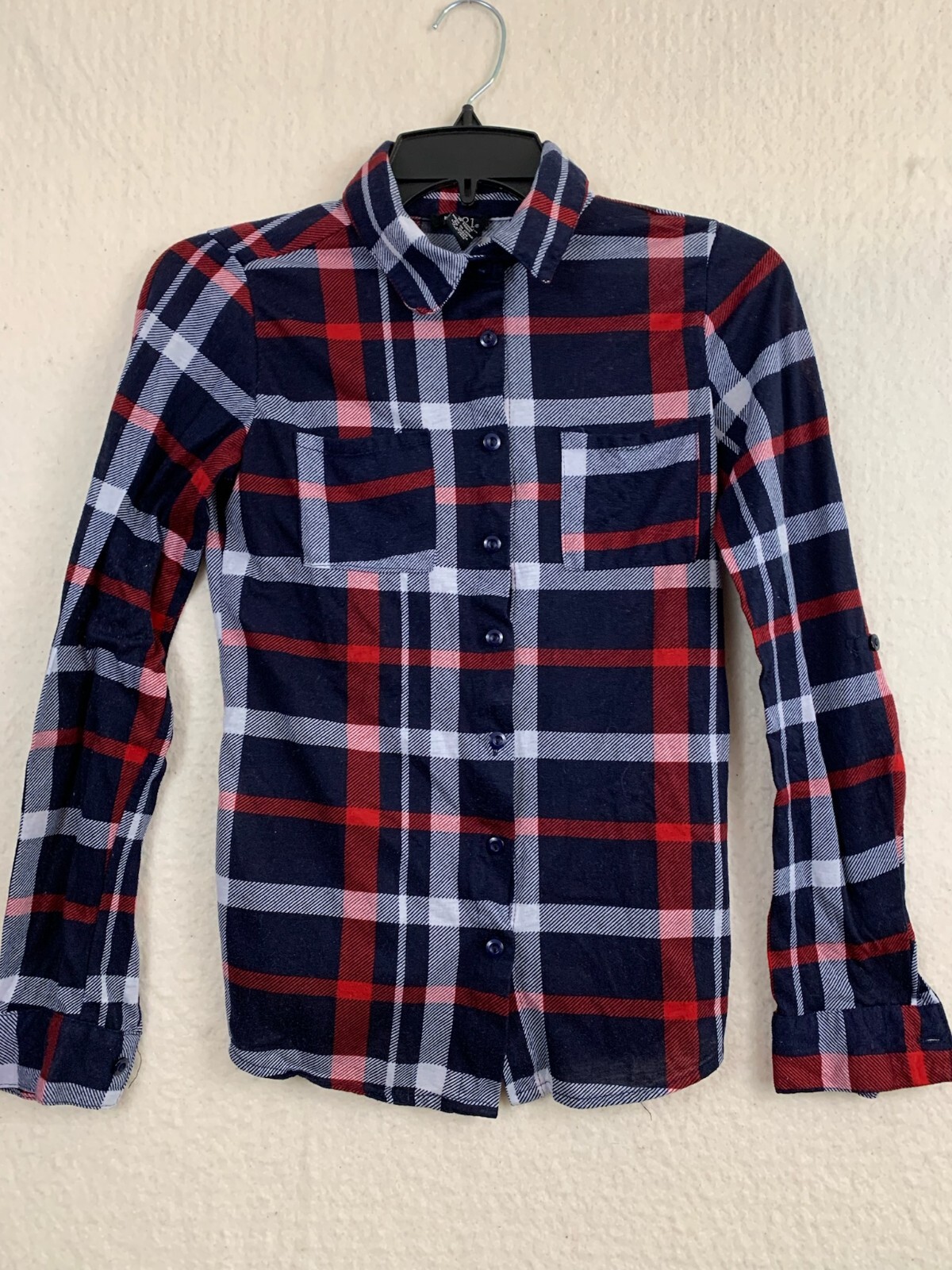rue 21 Mens Multicolor Plaid Button-Up Stretch Long Sleeve Pockets Shirt Size XS