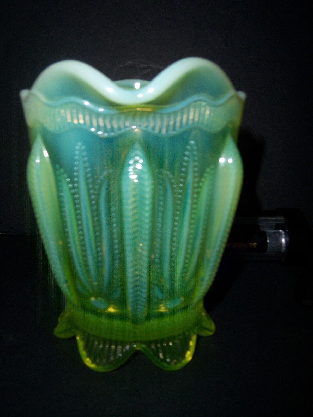 ...VINTAGE OPALESCENT YELLOWISH GREEN VASELINE CREAM PITCHER