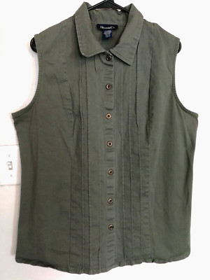 Denim & Co Womens Vest 1X Plus Green Button Up Denim Blouse Shirt Sleeveless