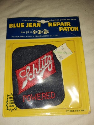Vintage NOS Schlitz Powered Beer Patch NIP Sealed Denim Three Fish 1974 Jean 