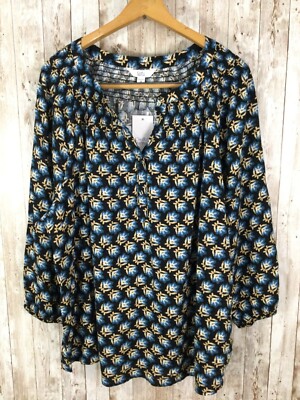 croft & barrow Women's Top Blue Tan Floral 3/4 Sleeve Size 2X Blouse V-Neck NEW