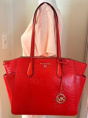 Michael Kors Marilyn Medium Top Zip Optic Orange Croc Leather Shoulder Tote