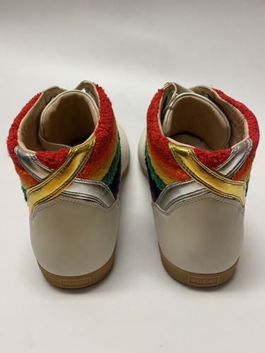 Pre-owned Gucci Men's Rainbow Collar Leather High-top Sneakers Cream Size 10 Us In White