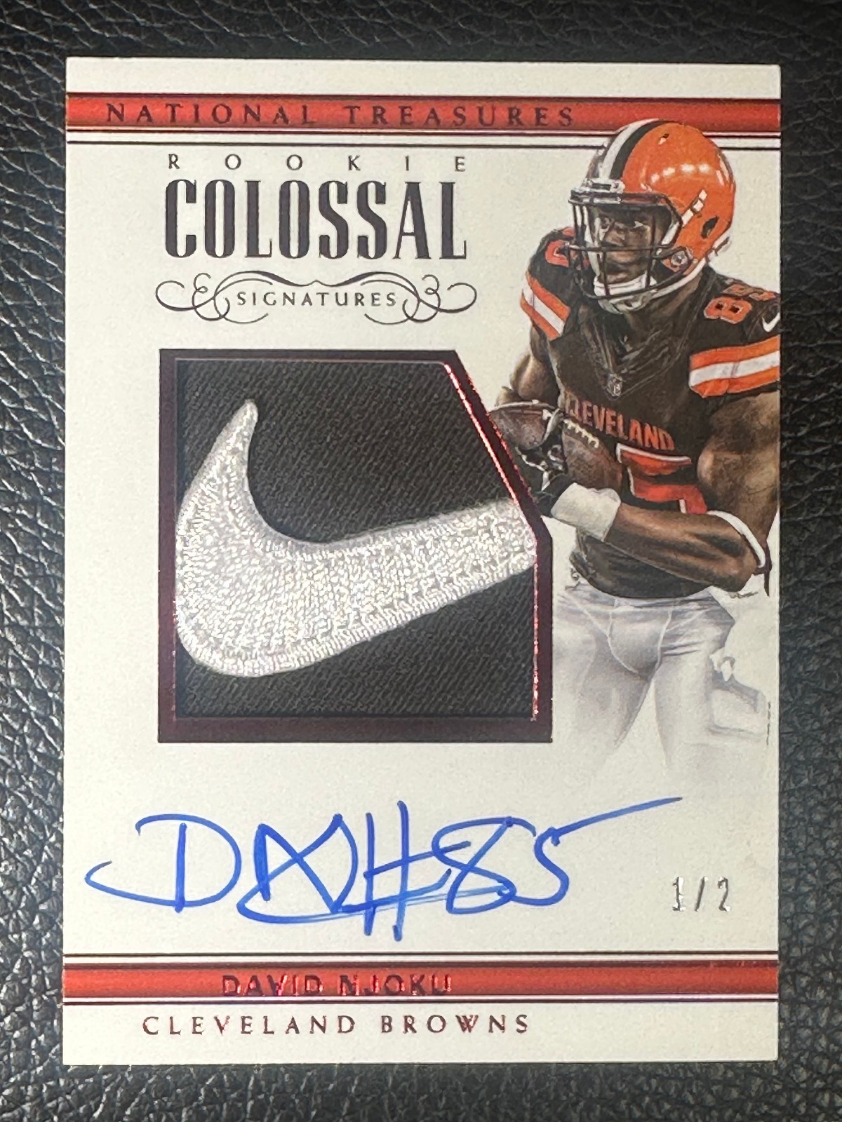 2017 National Treasures Rookie Colossal Red David Njoku Auto Nike Logo Patch RC