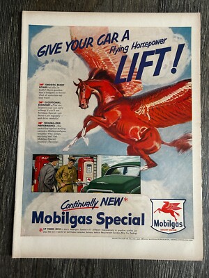 Vintage Petroliana Ad 1950's Advertisement Mobilgas Pegasus Car Automobilia 1950