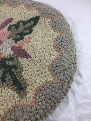 Vintage Hand Made Hooked Rug Seat Chair Pad Cushion Floral 14 1/2