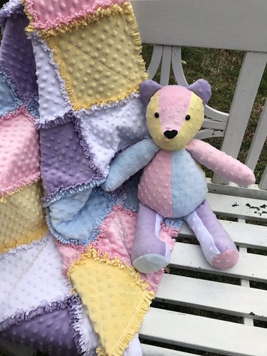 BABY GIRL RAG QUILT, HANDMADE TEDDY BEAR