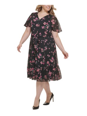 

CALVIN KLEIN Женское черное платье миди с подкладкой и пуговицами спереди, с оборкой по краю, плюс, Черный