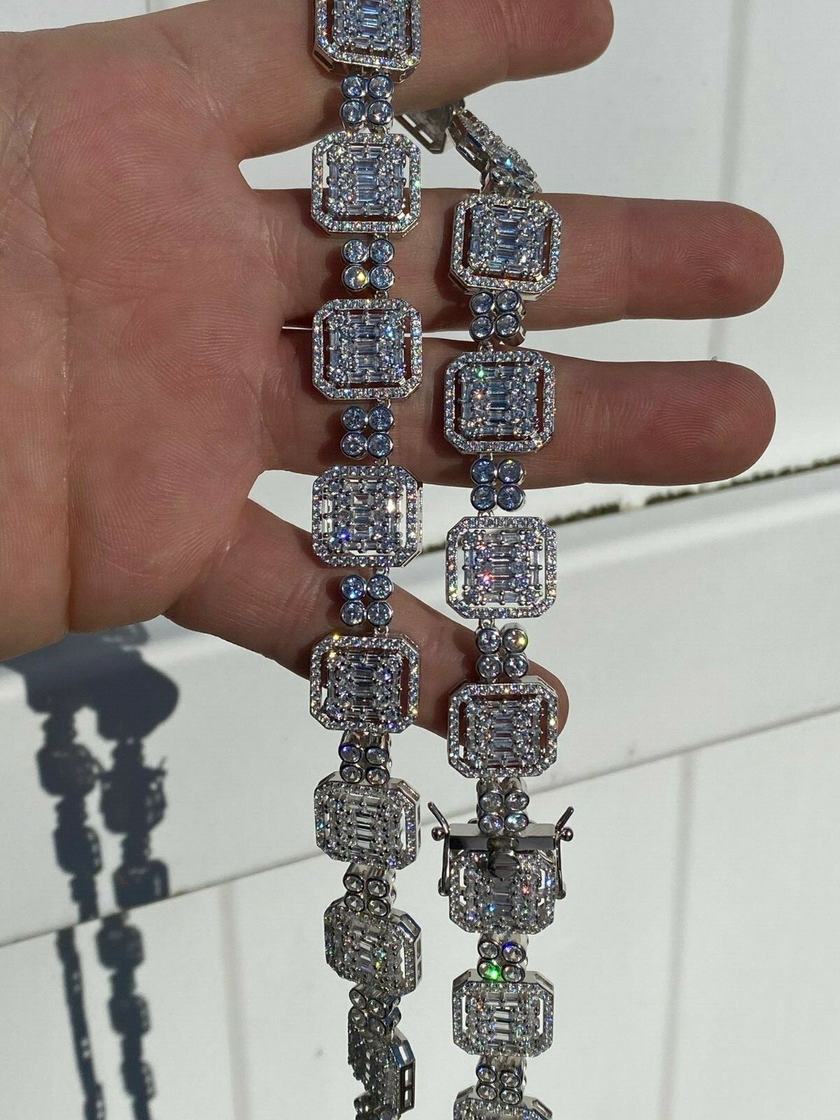 Pre-owned Silver 925 Sterling  Baguette Link Chain Iced 16mm Men's Cz Necklace Choker