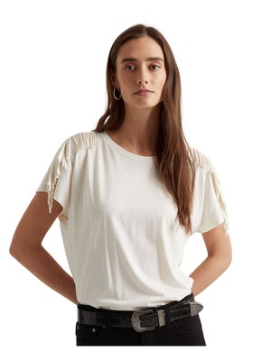 

LAUREN RALPH LAUREN Женская бежевая футболка с коротким рукавом и круглым вырезом с бахромой, Бежевый
