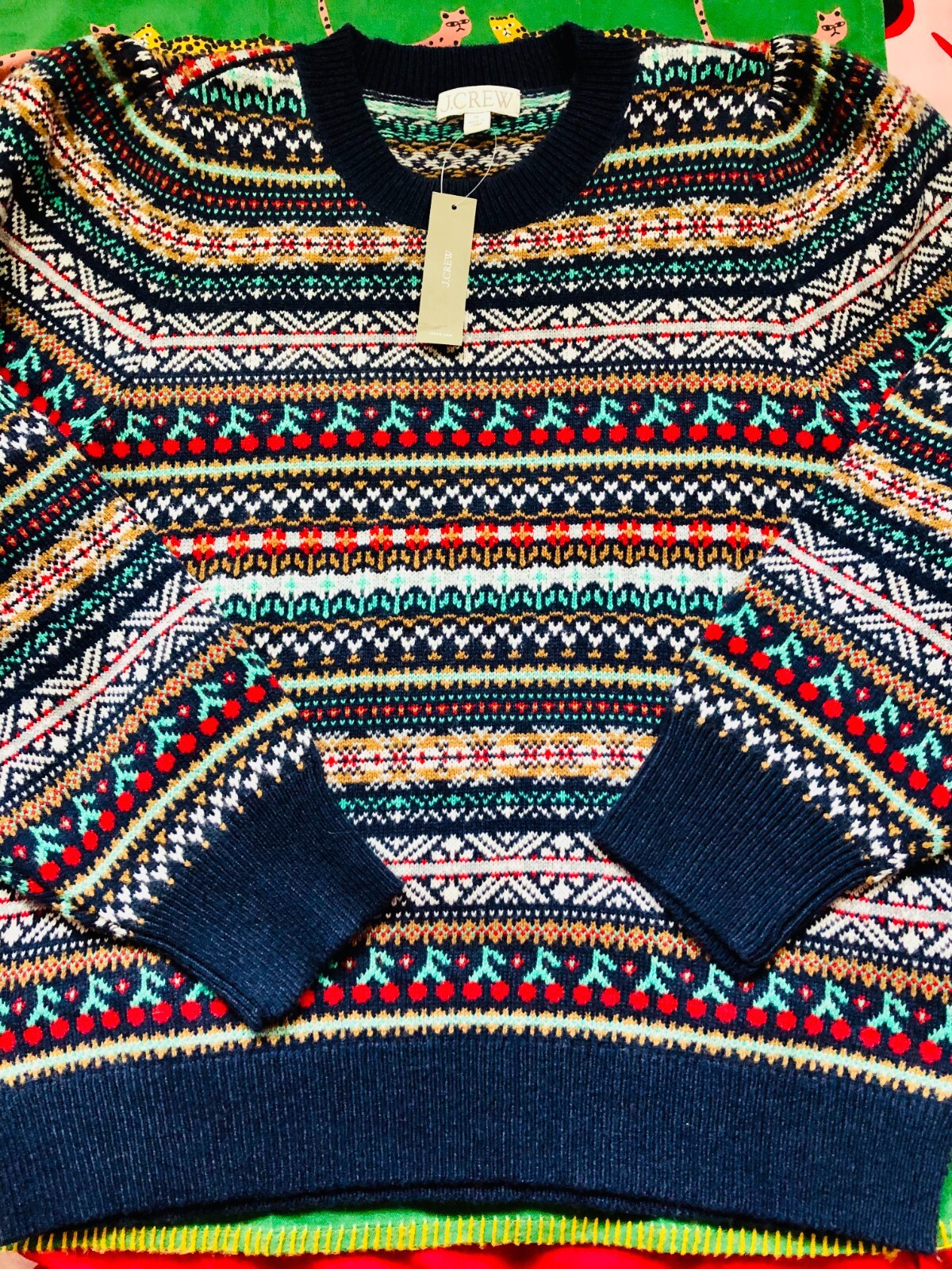 puff sleeve fair isle crewneck sweater