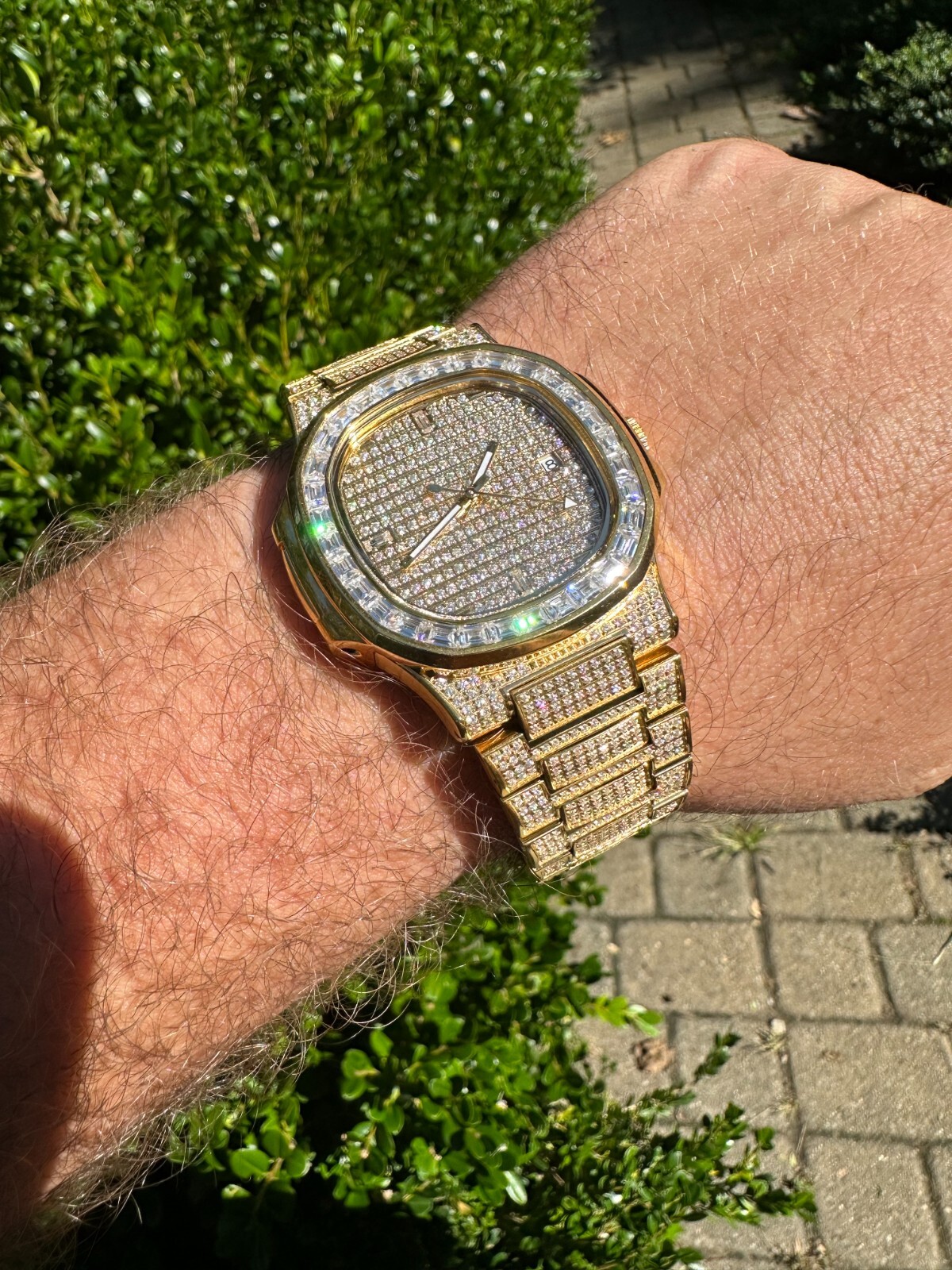 Pre-owned Real Mens Baguette 14k Gold  Moissanite Watch Iced Automatic Movement Hiphop