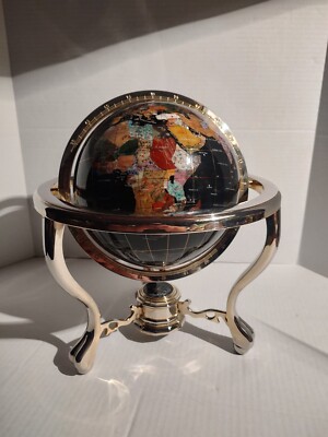 Vintage 14'' World Globe Unique Art Silver Table Top Map Gem Inlay Onyx Ocean