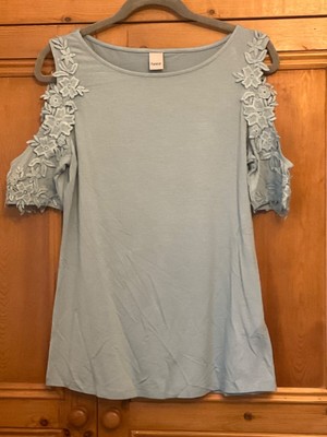 Heine @ Kaleidoscope Size 12 Pale Green / Blue Cold Shoulder Lace Trim TOP