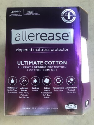 ALLEREASE ULTIMATE COTTON ZIPPERED MATTRESS PROTECTOR, QUEEN New Factory Sealed