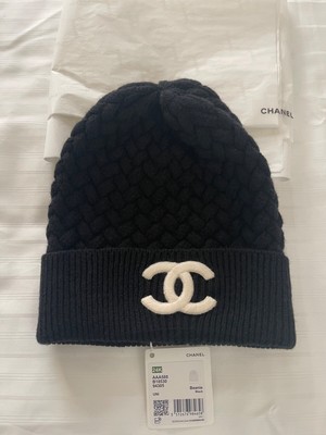 Chanel Black Cashmere Beanie White CC Logo Hat New 24K  