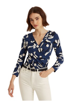 

RALPH LAUREN Женский синий топ с запахом и рукавами 3/4 с логотипом Petites