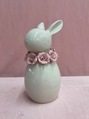 Cupcakes & Cashmere White Ceramic Easter Spring Bunny W 3D Pink Porcelain Roses